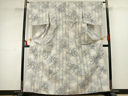平和屋着物▽上質な紬 単衣 草花文 正絹 逸品 AABD0010fy