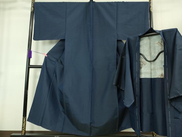 平和屋着物■極上　男性　紬　アンサンブル　キングサイズ　長羽織　色無地　濃い青褐色　逸品　未使用　DZAB1897kh6