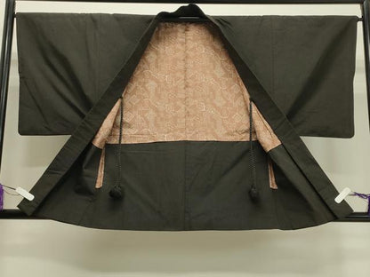 平和屋着物●男性　紬　アンサンブル　憲法黒茶色　正絹　逸品　CABA1238gh