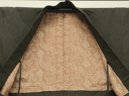 平和屋着物●男性　紬　アンサンブル　憲法黒茶色　正絹　逸品　CABA1238gh
