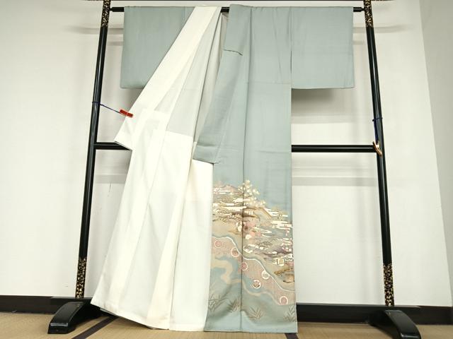 平和屋着物●豪華色留袖　駒刺繍　松竹梅風景文　金彩　正絹　逸品　AABC5033zg