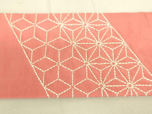平和屋着物●九寸名古屋帯 刺し子 麻の葉文様 真朱色 正絹 逸品 DAAX8479du