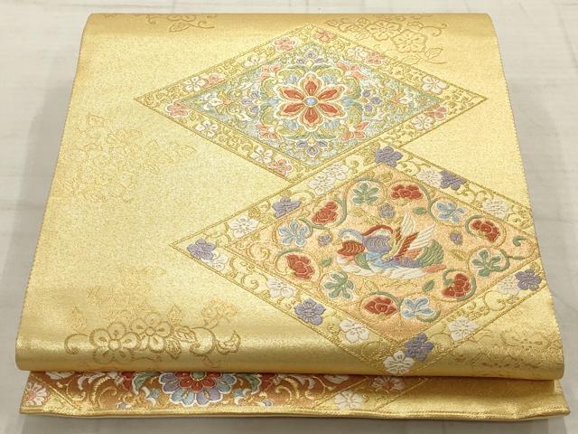 平和屋着物▼六通柄袋帯　唐織　菱取紋様　金糸　正絹　逸品　AABC6653wj