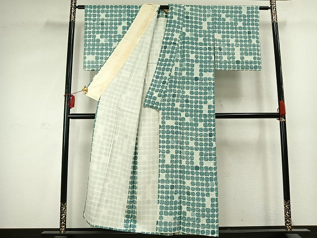 平和屋着物▽上質な小紋　単衣　幾何学文様　反端付き　正絹　逸品　AABD0019fy