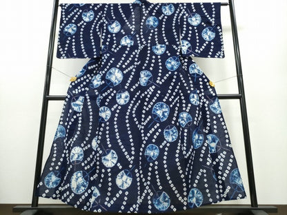 平和屋着物∴夏物 浴衣 有松鳴海絞り 団扇 よろけ縞 綿 逸品 未使用 CABA0487ng