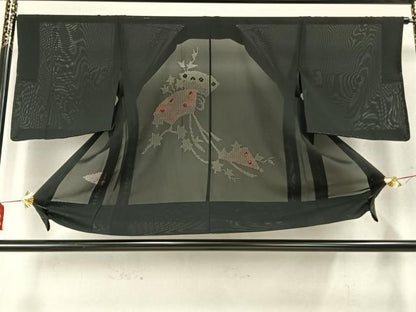 平和屋着物▽羽織 スリーシーズン 春夏秋 塵除け 扇面花文 黒地 正絹 逸品 未使用 AABD0147fy