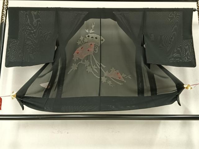 平和屋着物▽羽織 スリーシーズン 春夏秋 塵除け 扇面花文 黒地 正絹 逸品 未使用 AABD0147fy