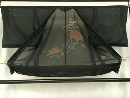 平和屋着物▽羽織 スリーシーズン 春夏秋 塵除け 扇面花文 黒地 正絹 逸品 未使用 AABD0147fy