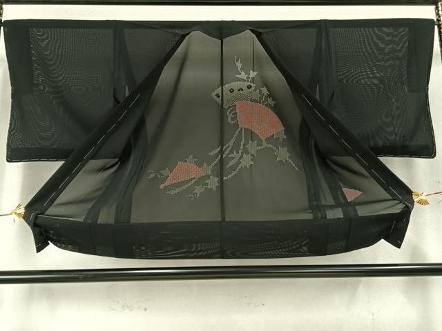 平和屋着物▽羽織 スリーシーズン 春夏秋 塵除け 扇面花文 黒地 正絹 逸品 未使用 AABD0147fy