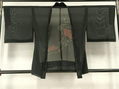 平和屋着物▽羽織 スリーシーズン 春夏秋 塵除け 扇面花文 黒地 正絹 逸品 未使用 AABD0147fy