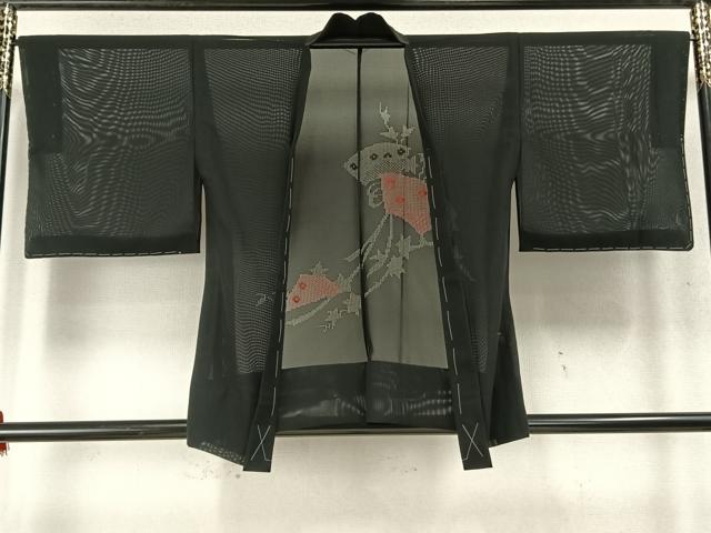 平和屋着物▽羽織 スリーシーズン 春夏秋 塵除け 扇面花文 黒地 正絹 逸品 未使用 AABD0147fy