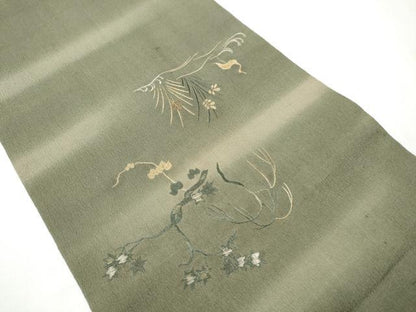 平和屋着物●アンティーク 大正ロマン 丸帯 総刺繍 草花鶴文 引き抜き帯 正絹 逸品 CABA0842hy
