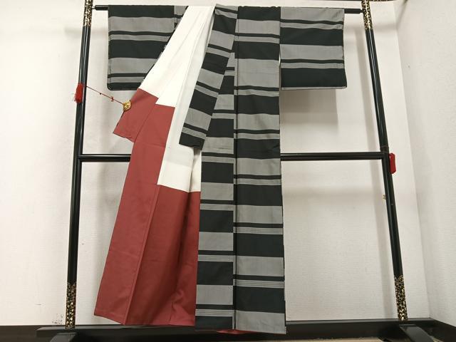 平和屋着物●上質な紬 横段文 正絹 逸品 AABD3421ph