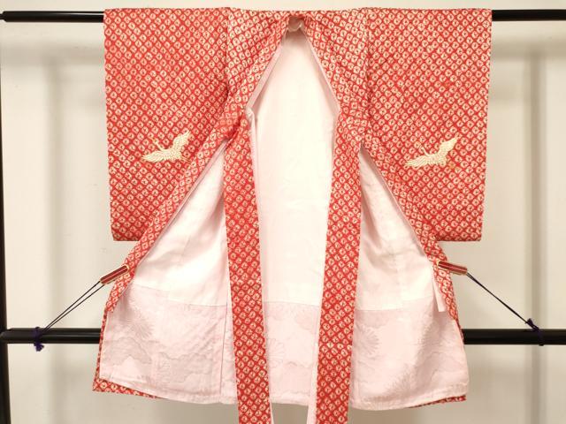 平和屋着物[]お宮参り　女の子　祝着　産着　初着　のしめ　駒刺繍　絞り　群れ鶴　逸品　DAAY3220ma