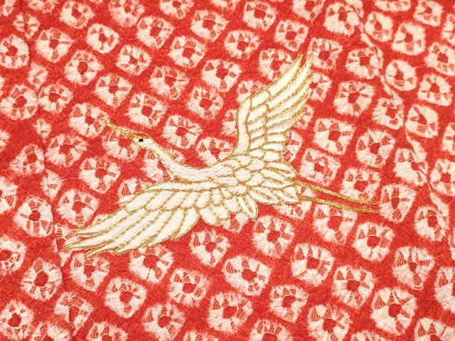 平和屋着物[]お宮参り　女の子　祝着　産着　初着　のしめ　駒刺繍　絞り　群れ鶴　逸品　DAAY3220ma