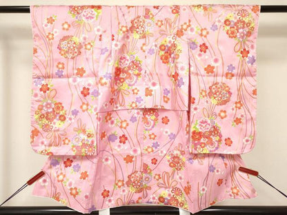 平和屋着物[]七五三　女の子　３歳　祝着　三つ身　被布・巾着セット　舞桜文　金彩　洗える着物　DAAY3231ma