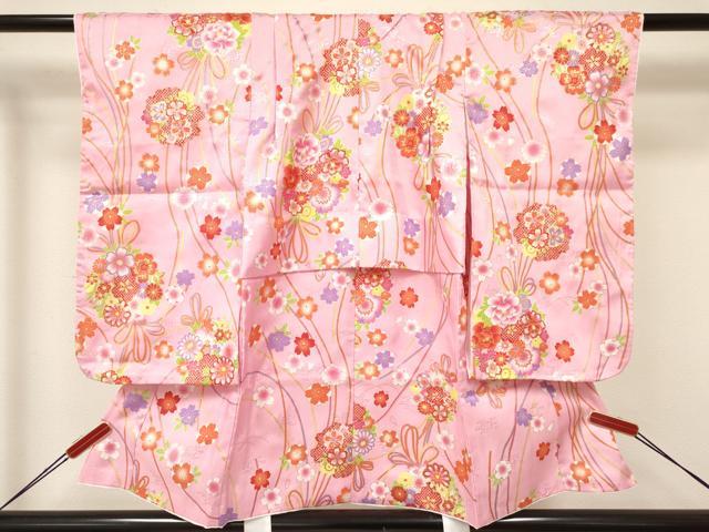 平和屋着物[]七五三　女の子　３歳　祝着　三つ身　被布・巾着セット　舞桜文　金彩　洗える着物　DAAY3231ma