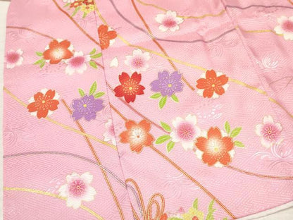 平和屋着物[]七五三　女の子　３歳　祝着　三つ身　被布・巾着セット　舞桜文　金彩　洗える着物　DAAY3231ma