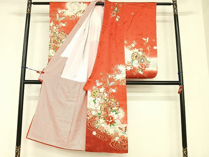 平和屋着物[]七五三　女の子　７歳　祝着　四つ身　駒刺繍　花蝶鼓文　暈し染め　金彩　正絹　逸品　AABB6656ja