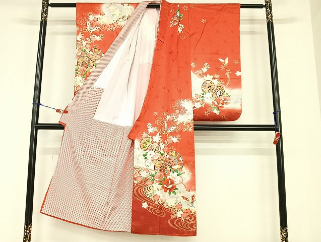 平和屋着物[]七五三　女の子　７歳　祝着　四つ身　駒刺繍　花蝶鼓文　暈し染め　金彩　正絹　逸品　AABB6656ja