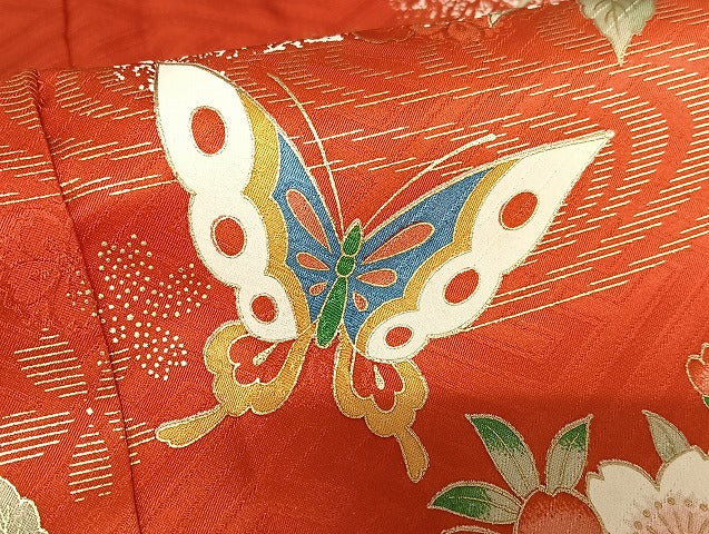 平和屋着物[]七五三　女の子　７歳　祝着　四つ身　駒刺繍　花蝶鼓文　暈し染め　金彩　正絹　逸品　AABB6656ja