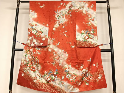 平和屋着物[]七五三　女の子　７歳　祝着　四つ身　駒刺繍　花蝶鼓文　暈し染め　金彩　正絹　逸品　AABB6656ja