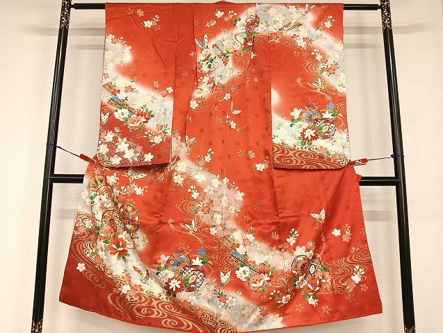 平和屋着物[]七五三　女の子　７歳　祝着　四つ身　駒刺繍　花蝶鼓文　暈し染め　金彩　正絹　逸品　AABB6656ja