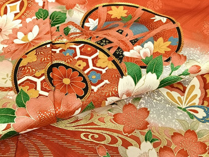 平和屋着物[]七五三　女の子　７歳　祝着　四つ身　駒刺繍　花蝶鼓文　暈し染め　金彩　正絹　逸品　AABB6656ja