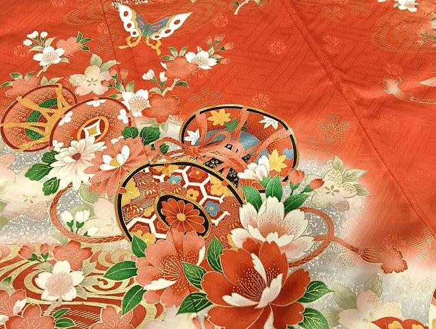 平和屋着物[]七五三　女の子　７歳　祝着　四つ身　駒刺繍　花蝶鼓文　暈し染め　金彩　正絹　逸品　AABB6656ja