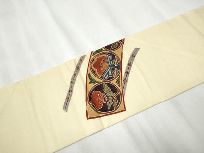 平和屋着物●塩瀬　九寸名古屋帯　枝花丸文　金彩　正絹　逸品　CABA1074hy