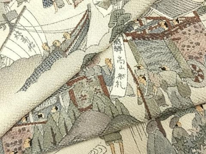 平和屋着物▽手染屋 吉兵衛 小紋 単衣 日本の名画 祭礼絵図名作集 風景人物文 浜ちりめん 鬼しぼ縮緬 反端付き 逸品 未使用 AABD0158fy