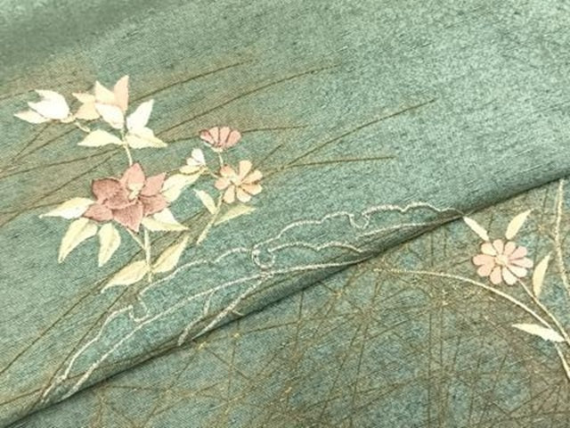 平和屋着物▽訪問着 単衣 紬地 総刺繍 草花文 暈し染め 金銀糸 金彩 正絹 逸品 AABD0194fy