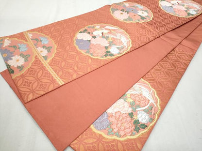 平和屋着物◎六通柄袋帯　唐織　絵皿飛鶴花文　金糸　正絹　逸品　CABA2457fb