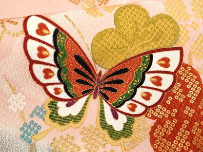 平和屋着物[]七五三　女の子　７歳　祝着　四つ身　駒刺繍　舞蝶枝梅文　たたき染め　金彩　逸品　CAAZ7033ze