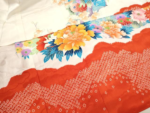 平和屋着物[]七五三　女の子　３歳　祝着　三つ身　長襦袢セット　駒刺繍　絞り　鴛鴦草花文　金銀彩　逸品　CAAZ7051ze