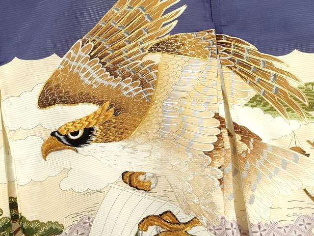 平和屋着物＊夏物 お宮参り 男の子 祝着 産着 初着 のしめ 絽 駒刺繍 鷹 船 立波風景文 逸品 CAAZ7041ze