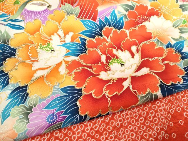 平和屋着物[]七五三　女の子　３歳　祝着　三つ身　長襦袢セット　駒刺繍　絞り　鴛鴦草花文　金銀彩　逸品　CAAZ7051ze