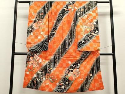 平和屋着物[]七五三　女の子　７歳　祝着　四つ身　鼓飛鶴宝尽くし花文　たたき染め　金彩　洗える着物　CAAZ7026ze