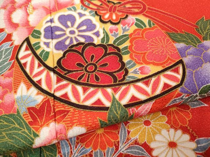 平和屋着物[]七五三　女の子　７歳　祝着　四つ身　袋帯セット　鈴　草花文　たたき染め　洗える着物　CAAZ7031ze