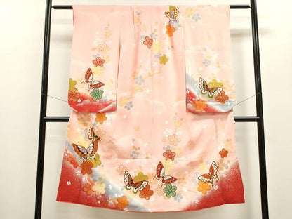 平和屋着物[]七五三　女の子　７歳　祝着　四つ身　駒刺繍　舞蝶枝梅文　たたき染め　金彩　逸品　CAAZ7033ze