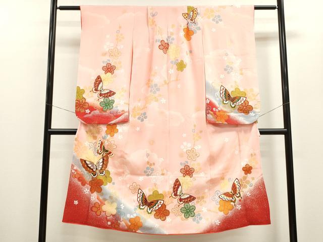平和屋着物[]七五三　女の子　７歳　祝着　四つ身　駒刺繍　舞蝶枝梅文　たたき染め　金彩　逸品　CAAZ7033ze