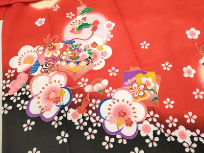 平和屋着物[]七五三　女の子　７歳　祝着　四つ身　袋帯セット　地紙重ね吉祥花文　暈し染め　金銀彩　洗える着物　CAAZ7032ze
