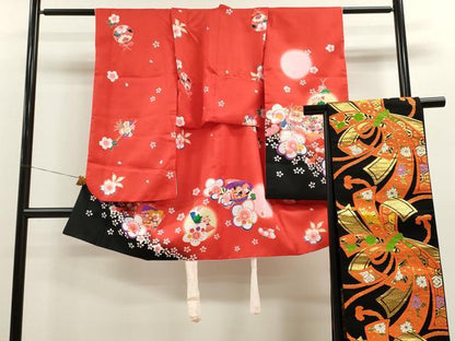 平和屋着物[]七五三　女の子　７歳　祝着　四つ身　袋帯セット　地紙重ね吉祥花文　暈し染め　金銀彩　洗える着物　CAAZ7032ze