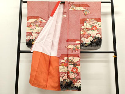 平和屋着物[]七五三　女の子　７歳　祝着　四つ身　草花文　金彩　洗える着物　CAAZ7034ze