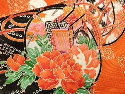 平和屋着物[]七五三　女の子　７歳　祝着　四つ身　鼓飛鶴宝尽くし花文　たたき染め　金彩　洗える着物　CAAZ7026ze