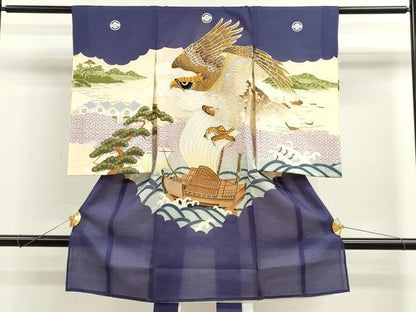 平和屋着物＊夏物 お宮参り 男の子 祝着 産着 初着 のしめ 絽 駒刺繍 鷹 船 立波風景文 逸品 CAAZ7041ze