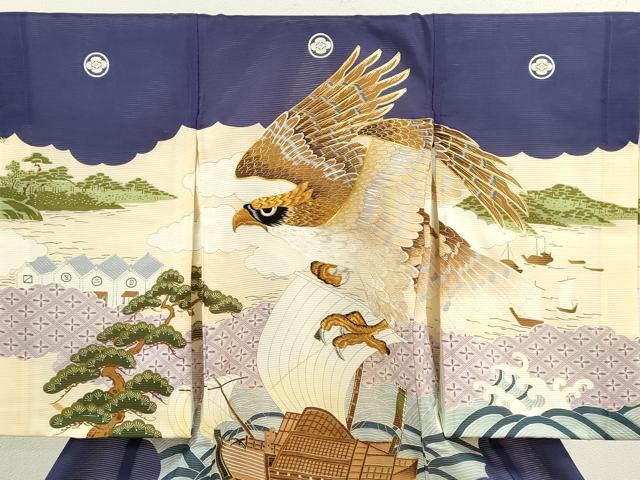 平和屋着物＊夏物 お宮参り 男の子 祝着 産着 初着 のしめ 絽 駒刺繍 鷹 船 立波風景文 逸品 CAAZ7041ze