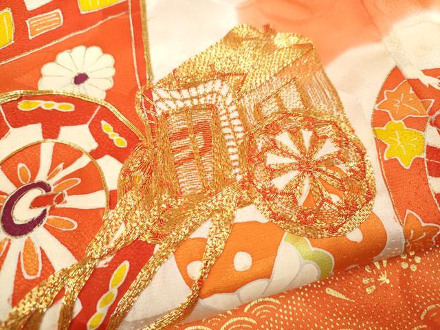 平和屋着物[]七五三　女の子　７歳　祝着　四つ身　駒刺繍　御所車舞蝶文　暈し染め　金銀彩　逸品　CAAZ7030ze