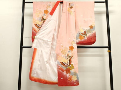 平和屋着物[]七五三　女の子　７歳　祝着　四つ身　駒刺繍　舞蝶枝梅文　たたき染め　金彩　逸品　CAAZ7033ze