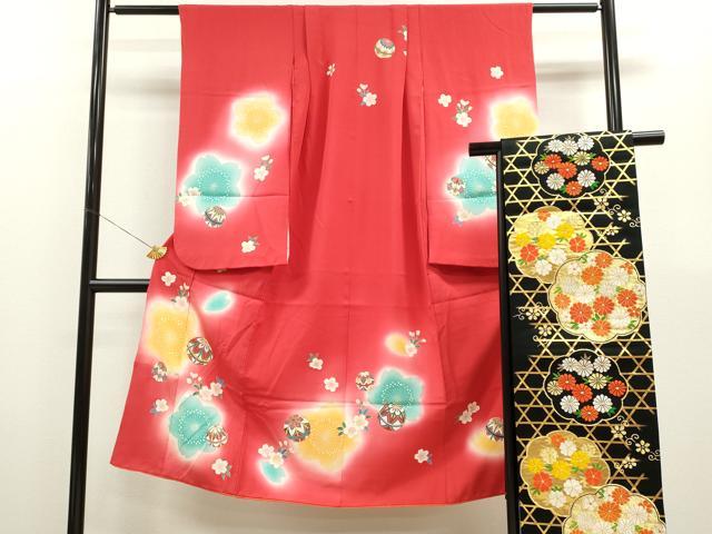 平和屋着物[]七五三　女の子　７歳　祝着　四つ身　袋帯セット　鞠舞桜文　暈し染め　金彩　逸品　CAAZ7028ze